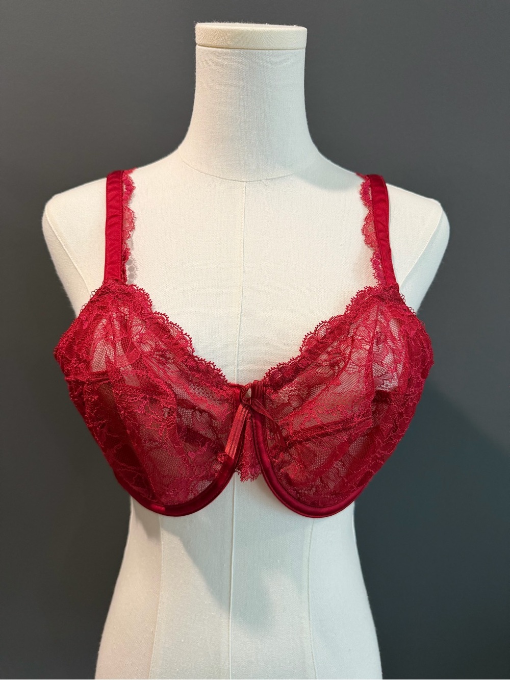 Chantelle Red Lace Sheer Unlined Underwire Bra Size 34DD Made in France